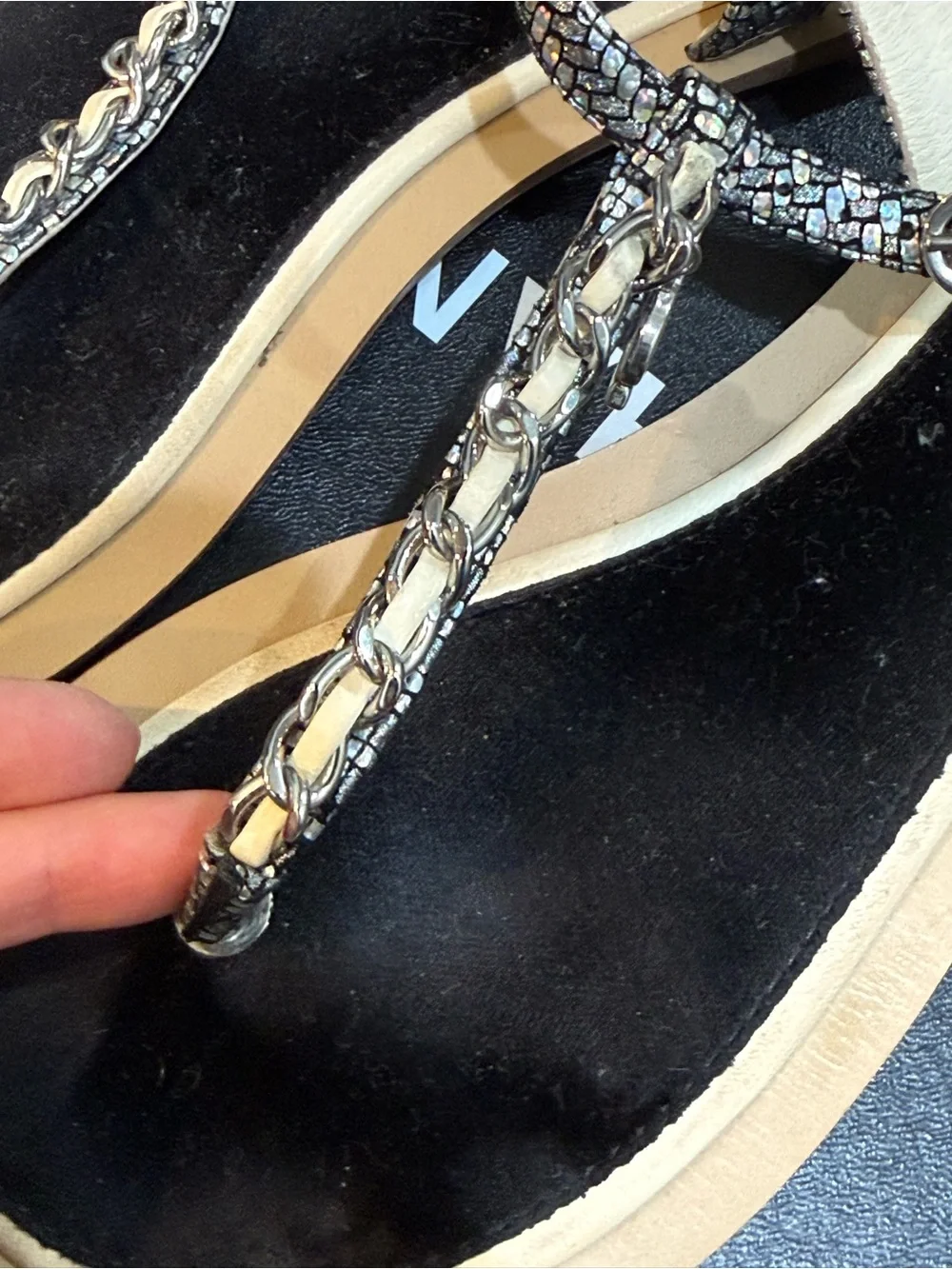 Authentic Chanel Silver/Ivory leather thong sandals